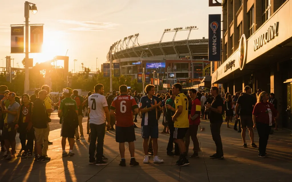 北美主办城市球场外的步行街区，球迷穿着各国球衣，傍晚光线